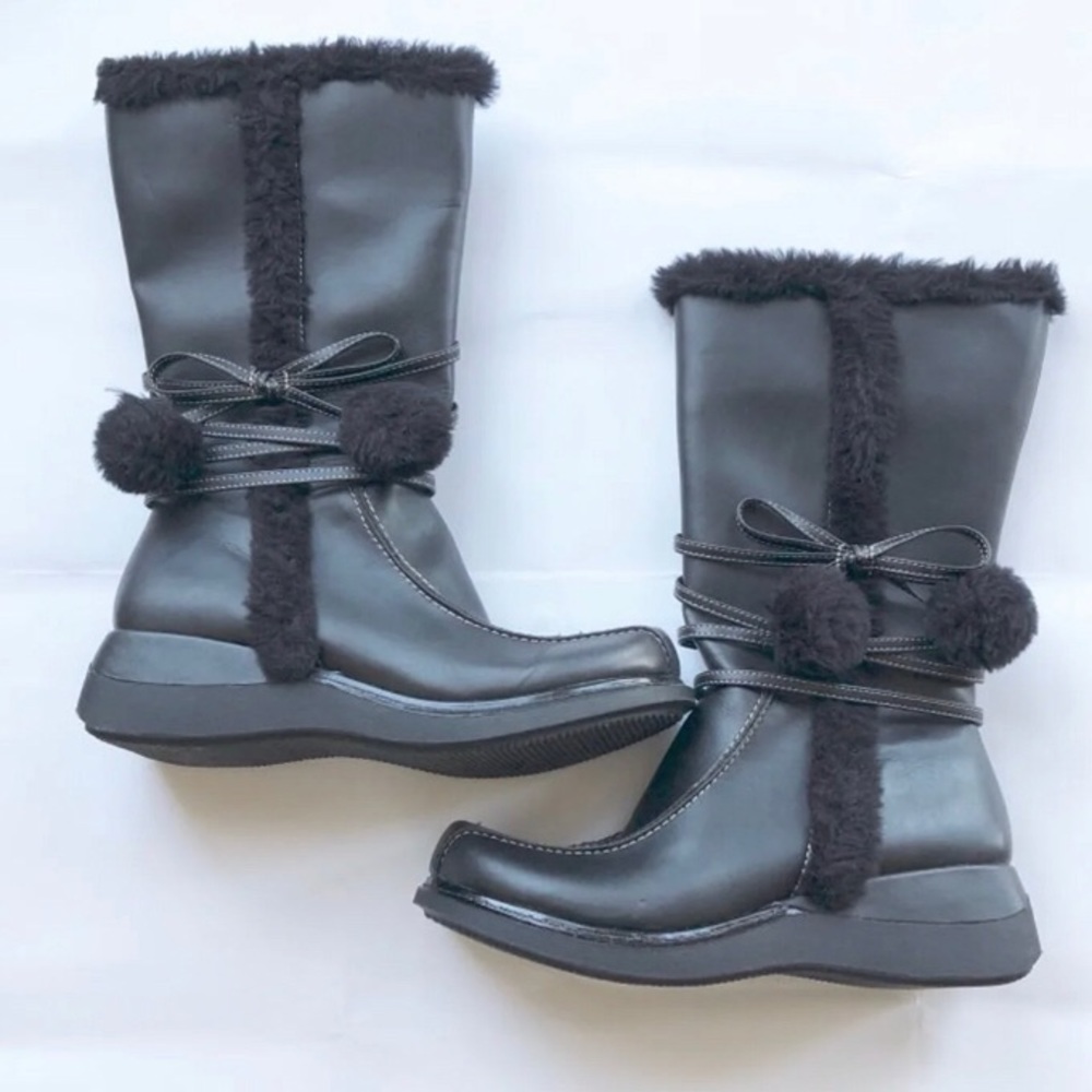 Black Furry Pom Pom Boots